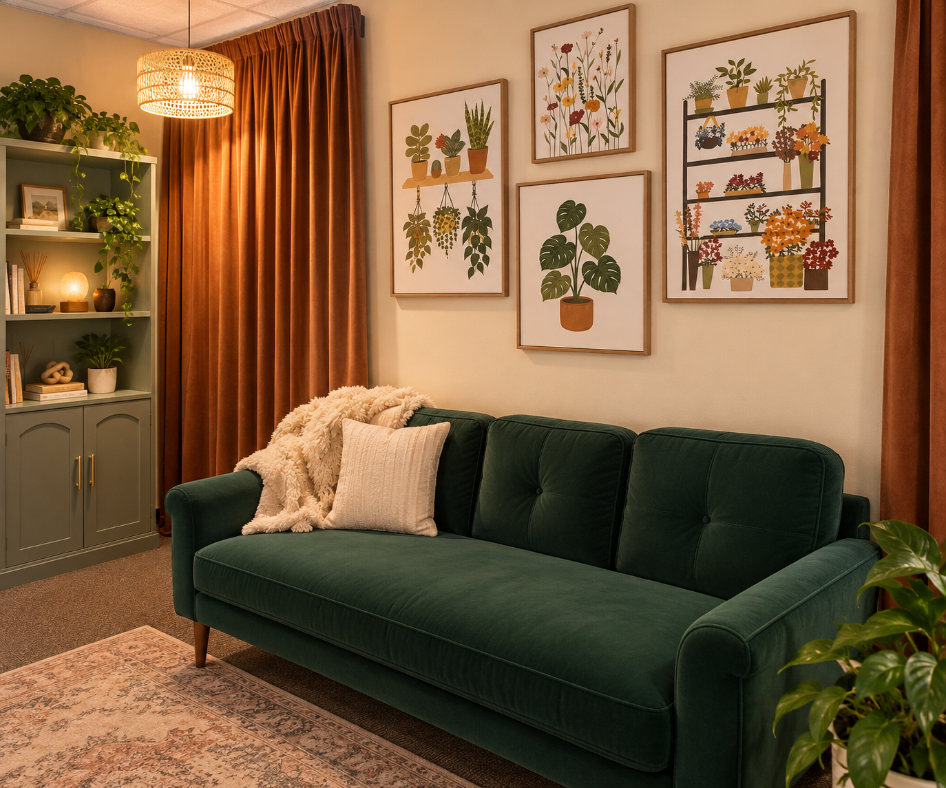 Comfortable therapy office with a green velvet sofa, botanical artwork, warm curtains, plants, and soft lighting.