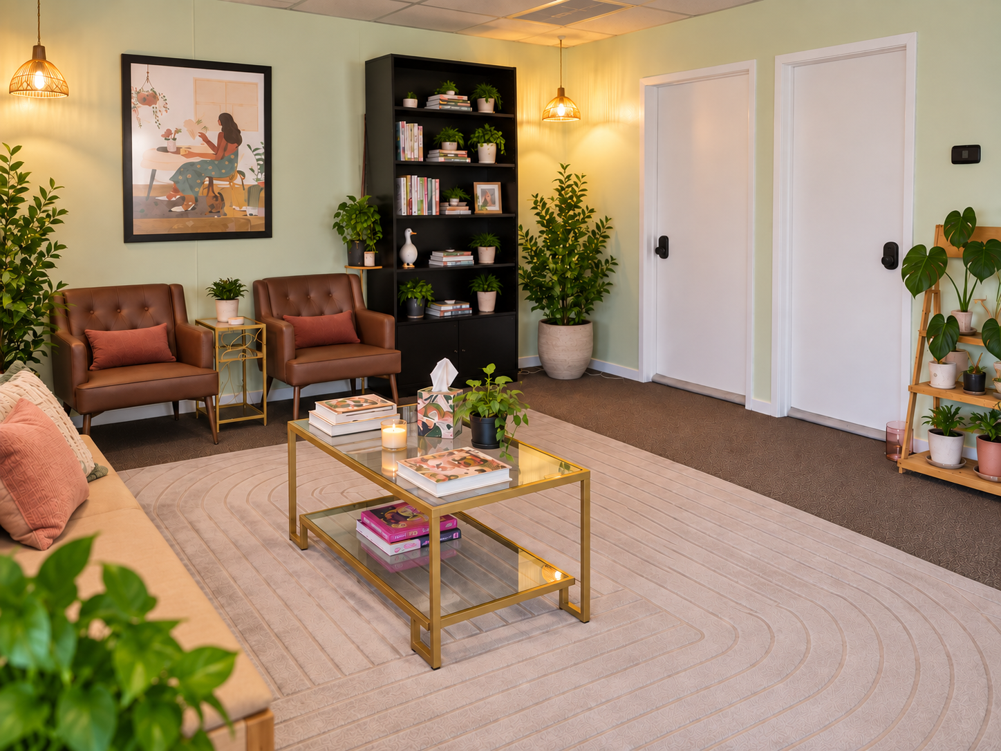 Welcoming waiting area at Wild Goose Marriage and Family Therapy with comfortable seating, plants, books, and warm lighting.