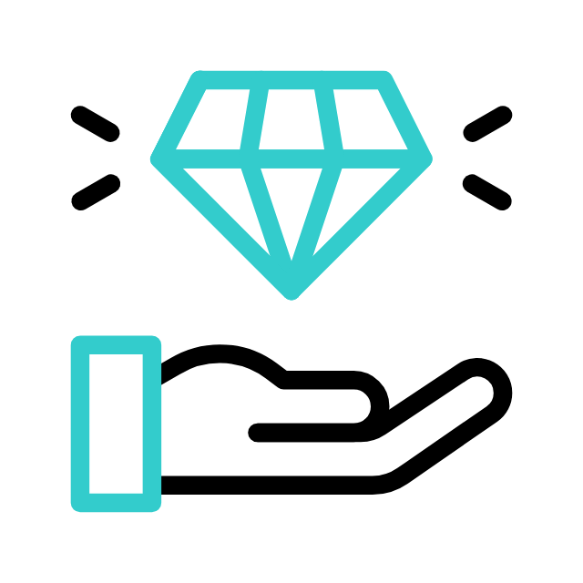 A hand holding a shining diamond with sparkles around it.