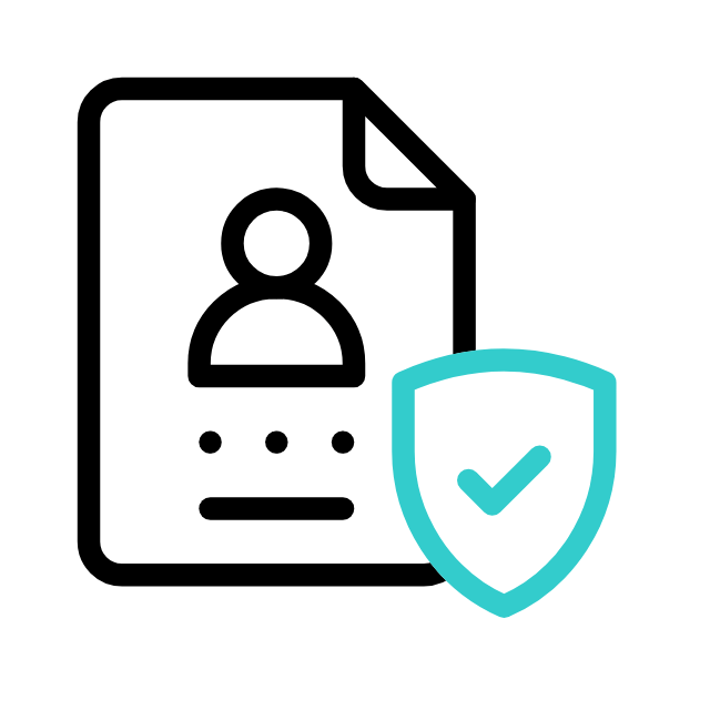 Icon of a document with a user profile and a shield with a checkmark representing secure or verified user credentials.