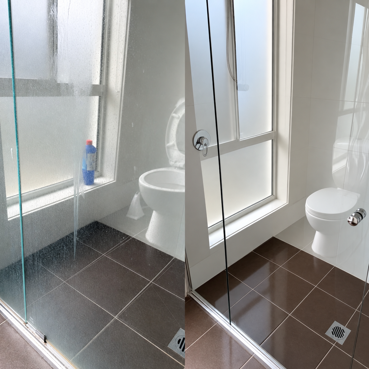 Comparison of two bathroom shower areas: the left features a frosted glass shower enclosure with a bottle of cleaner on the windowsill and a toilet behind the frosted glass; the right features a clear glass shower enclosure, a window with a frosted section, and a white toilet.