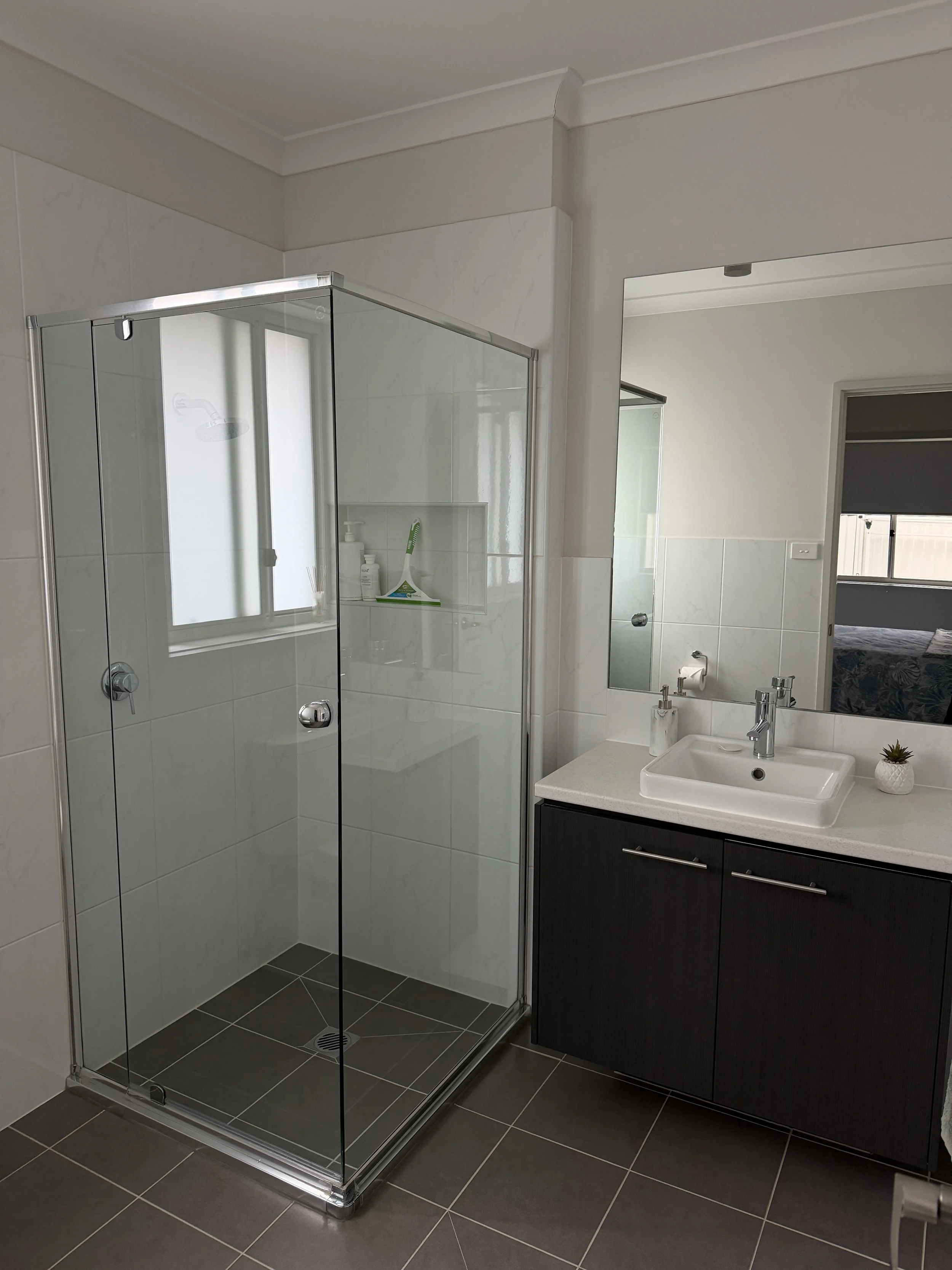 Modern bathroom with a glass shower enclosure, white sink with a dark cabinet, mirror, and small plants on the counter.