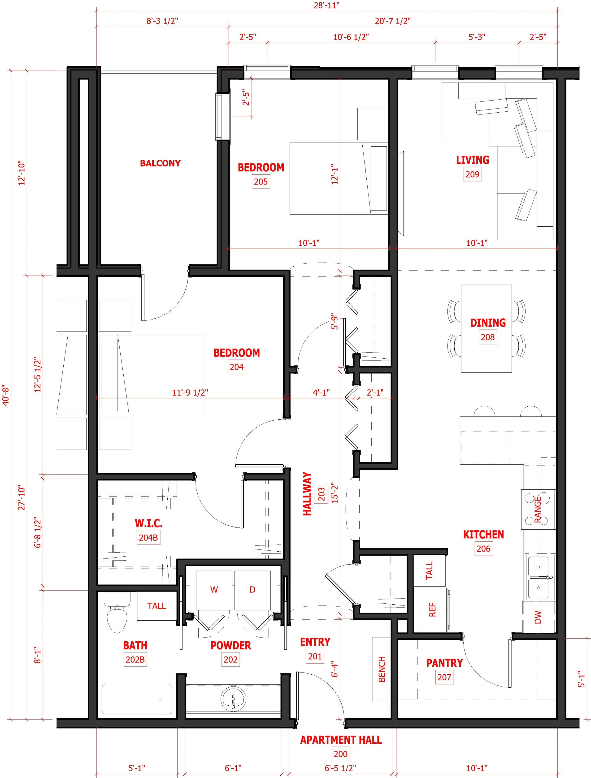 A proposed apartment floor plan layout with dimensions and furniture.