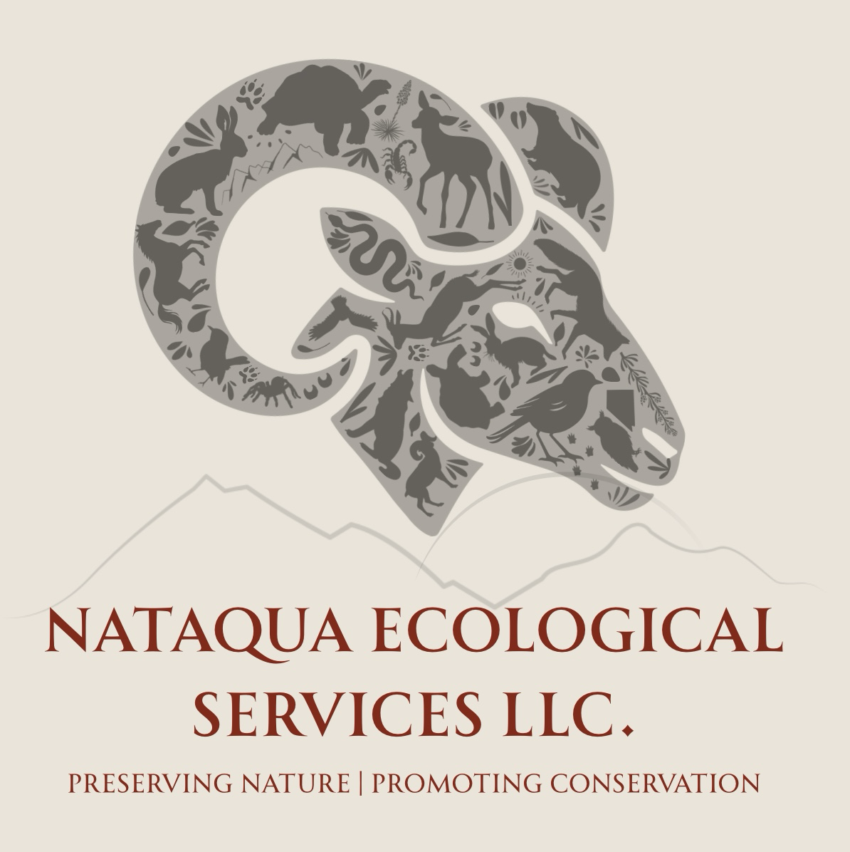 Logo for Nataqua Ecological Services LLC featuring a stylized ram's head composed of various animal and nature silhouettes, with the slogan 'Preserving Nature | Promoting Conservation'.