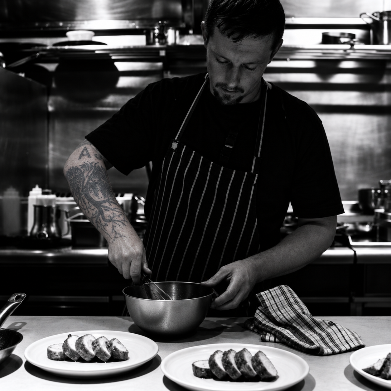 A chef with tattoos on his left arm, wearing a striped apron, stands in a commercial kitchen preparing food. The scene is in black and white, with plates of sliced bread or cake on the table in front of him.