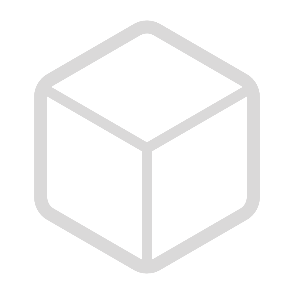 Icon of a three-dimensional cube in gray outline on black background.