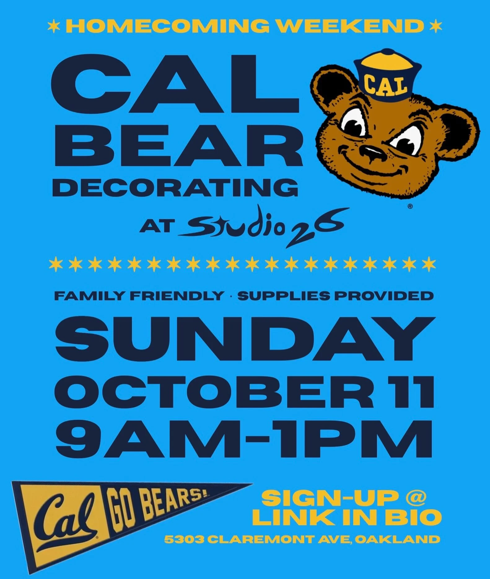 Celebrate Cal&rsquo;s homecoming weekend at the studio &ndash; customize your own Cal bear with a selection of decorations. Next Sunday, drop in when you can between 9am-1pm, great for kids and families. Sign-up at the link in bio 🐻🏈 go bears!

#ca