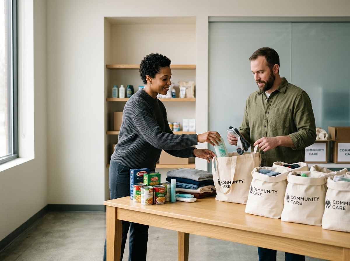 Two people packing bags with donated clothes and canned food in a community care center.