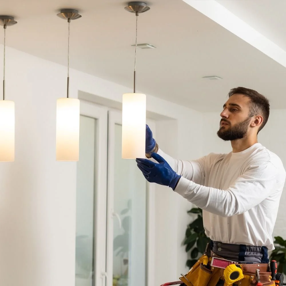 A man installing or repairing a ceiling light fixture in a modern home interior, wearing a tool belt, white shirt, and blue gloves.