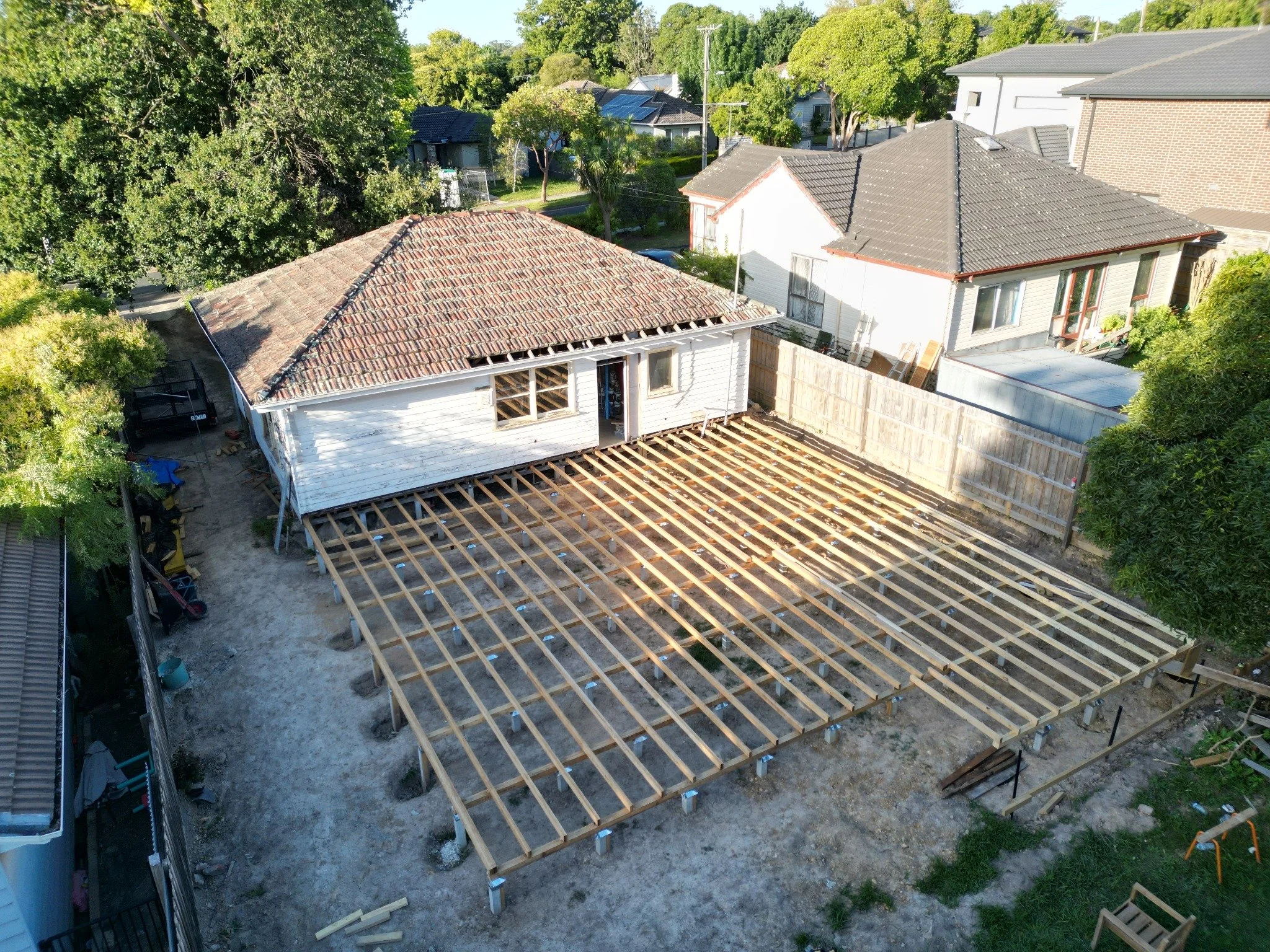 Aerial view of the Blackburn extension during the construction and framing stage.