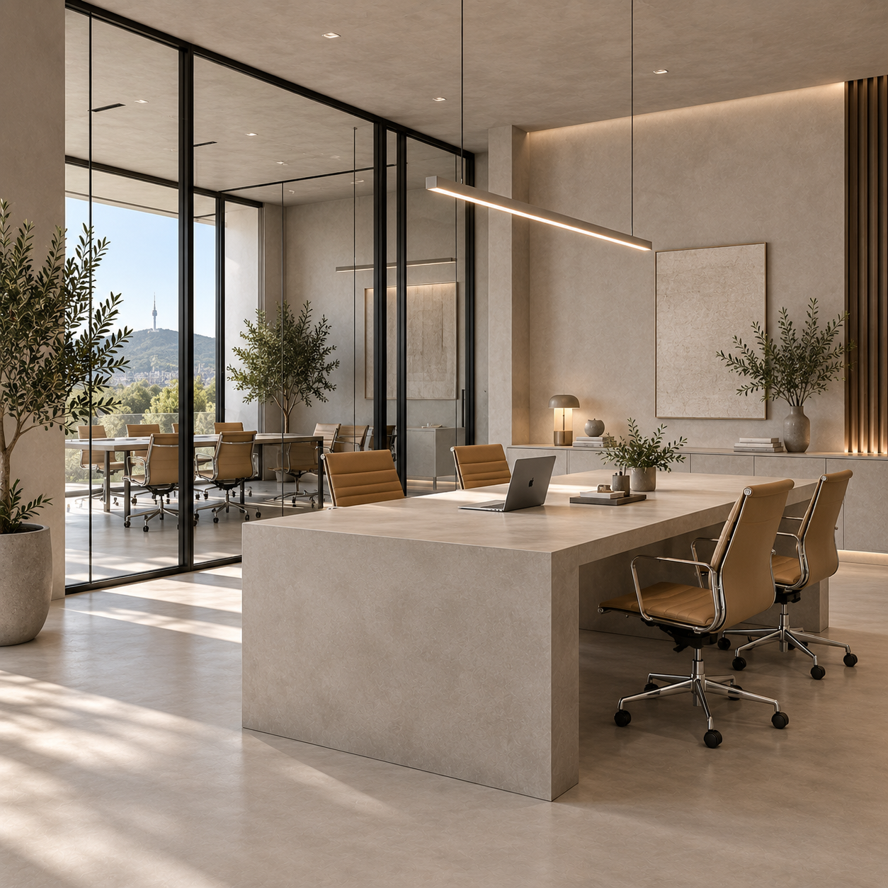 Modern office with a large desk, beige chairs, potted plants, and large windows showing a city view and a tower in the background.
