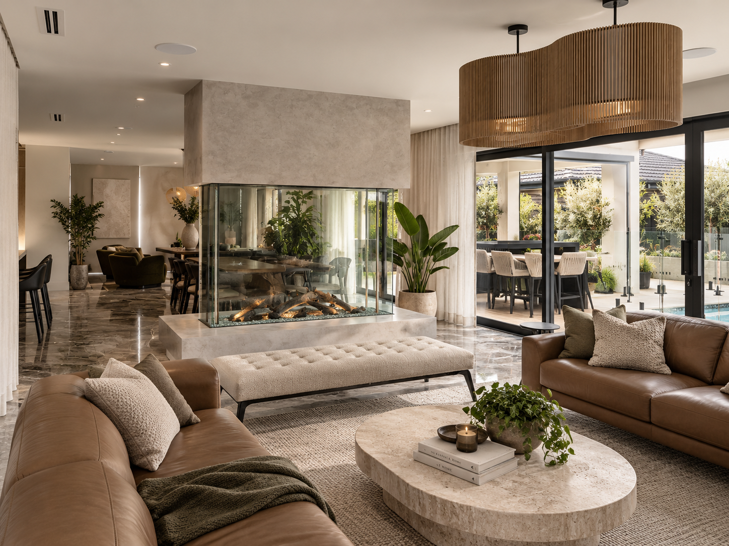 Living room with two brown leather sofas, a stone coffee table with books, candles, and a plant, a beige tufted bench, a modern fireplace with glass sides, large windows and sliding doors leading to an outdoor dining area, indoor plants, and a wooden
