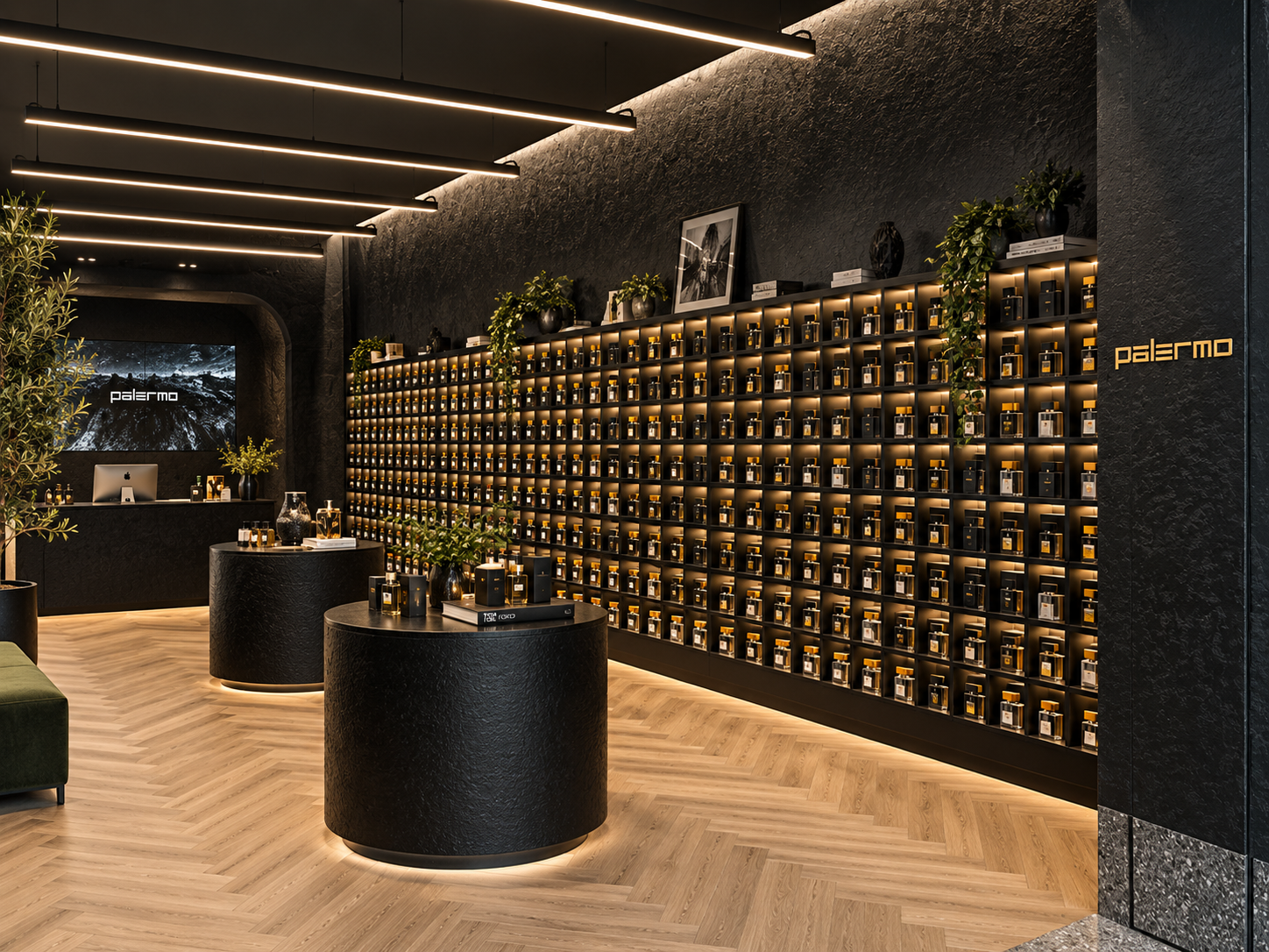 Modern interior of a store with black textured walls, a large wall of small shelves filled with perfume bottles, and contemporary lighting fixtures on the ceiling. There are black round display tables with small plants and perfume bottles, a monitor 