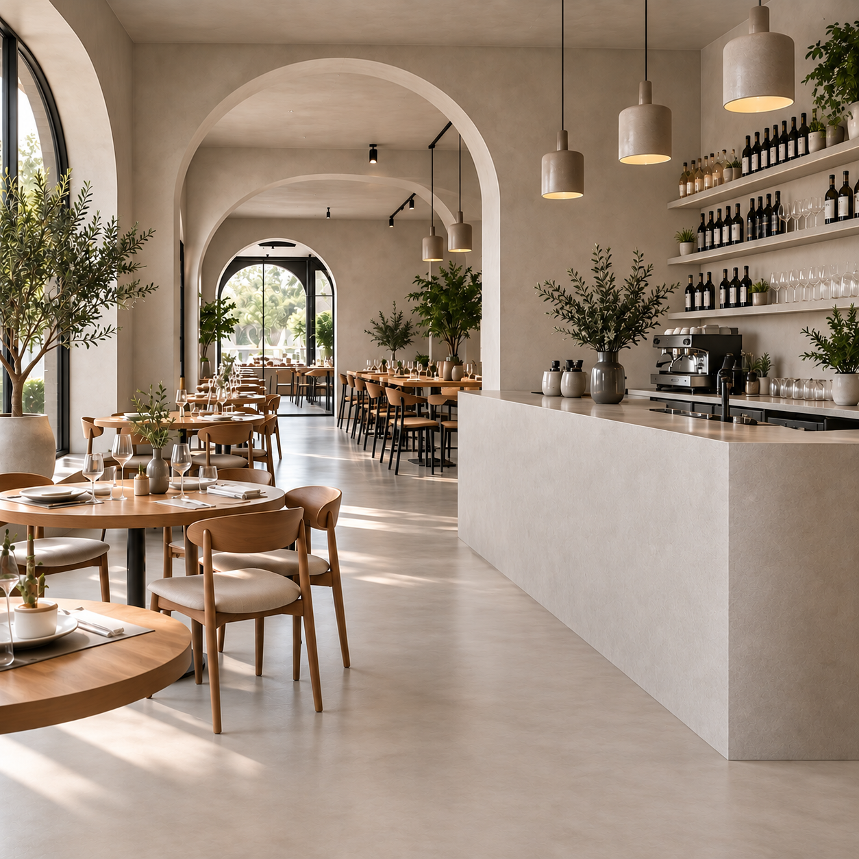 Modern restaurant interior with wooden tables, chairs, potted plants, and a bar area with wine bottles, glasses, and coffee equipment, illuminated by hanging pendant lights.