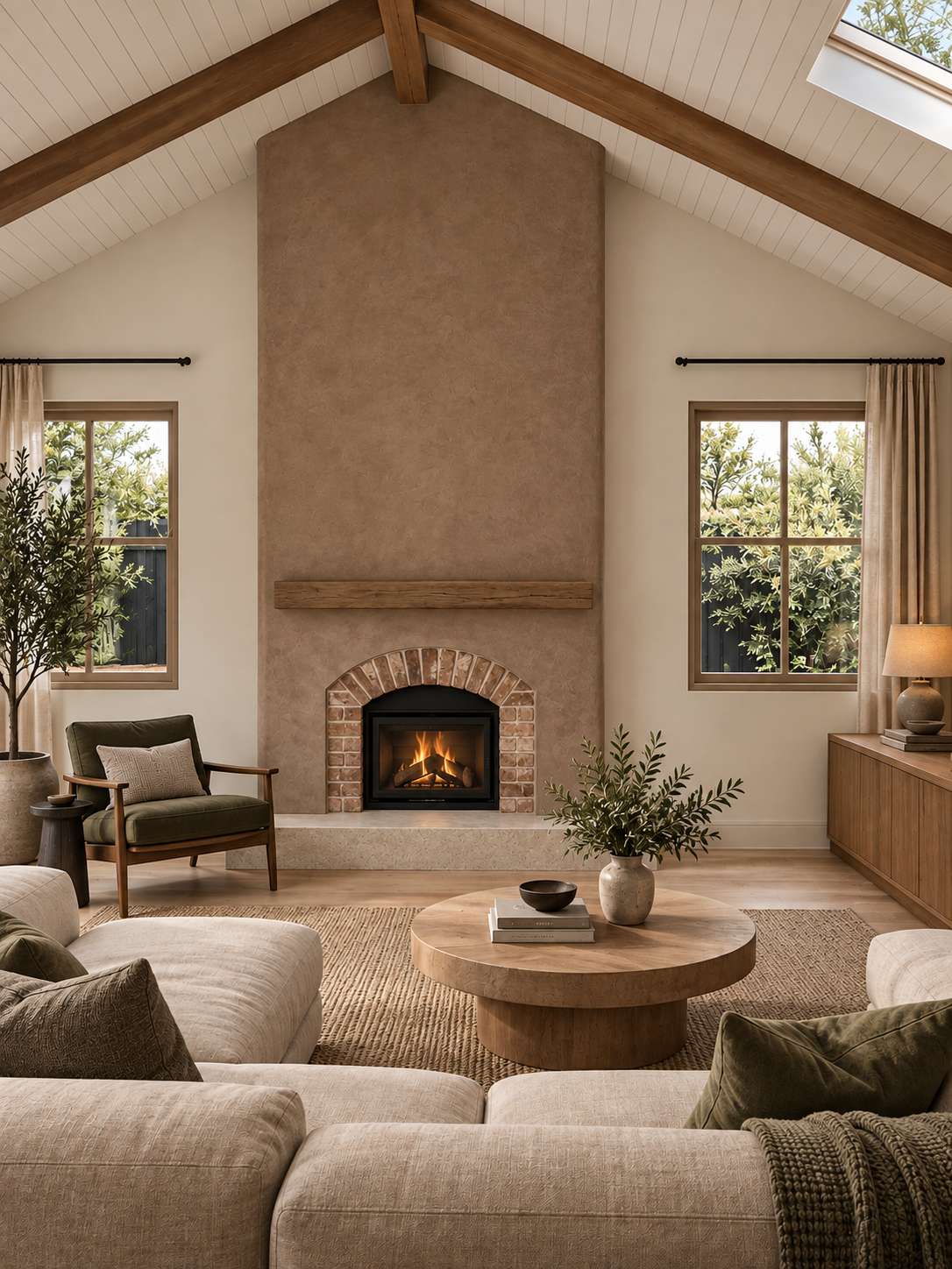 Cozy living room with a wood-burning fireplace, beige sectional sofa, green armchair, round wooden coffee table with books and a vase, large windows, and neutral decor.