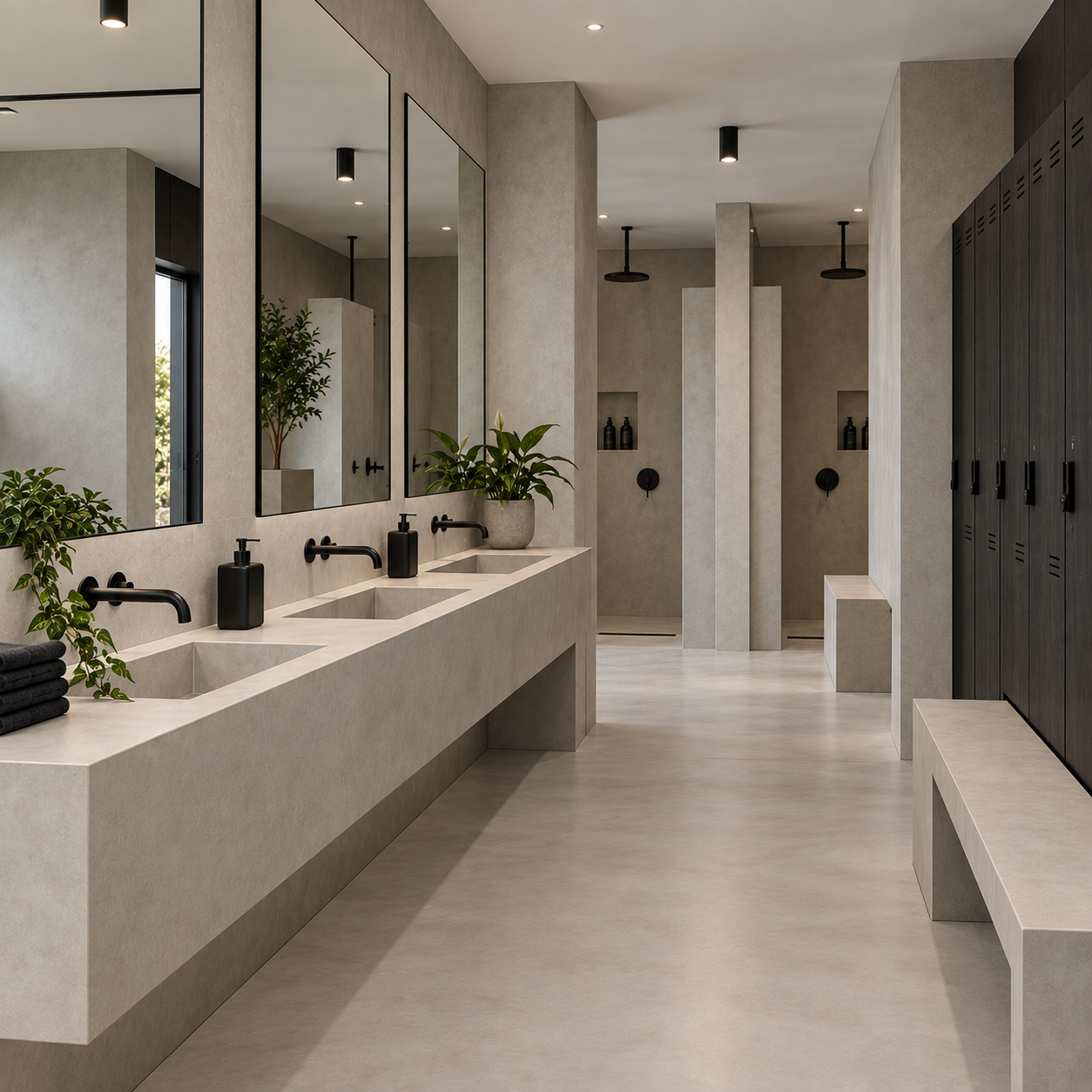 Modern communal bathroom with three sinks, large mirrors, black faucets, potted plants, dark lockers, and multiple showers with black fixtures.