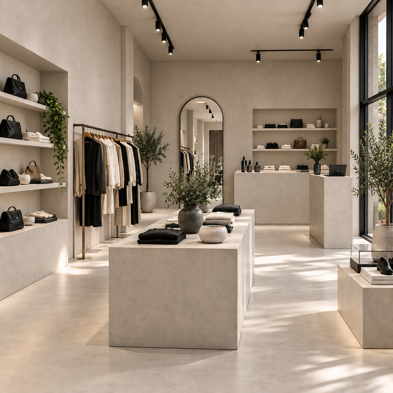 A modern clothing boutique with minimalistic decor, featuring racks of neutral-colored garments, shelves with handbags and accessories, and potted plants, illuminated by track lighting and large windows letting in natural light.