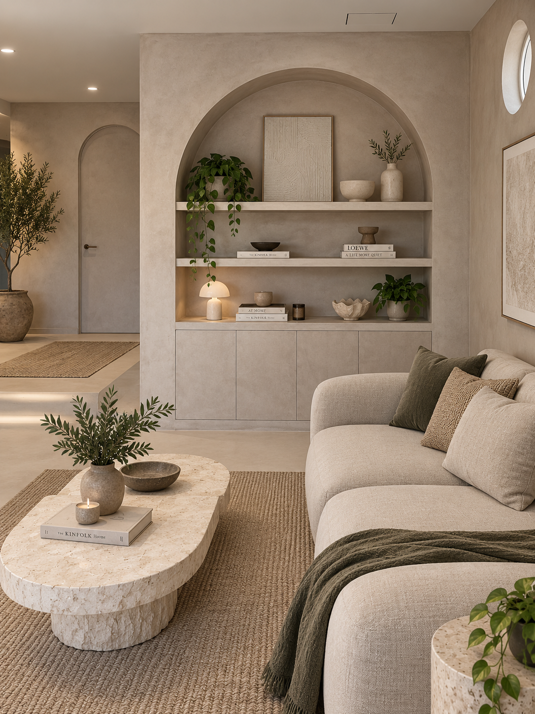 Living room with neutral tones, beige couch with pillows, marble coffee table, built-in shelves with decorative objects and plants, potted plant near the entrance, and artwork on the wall.