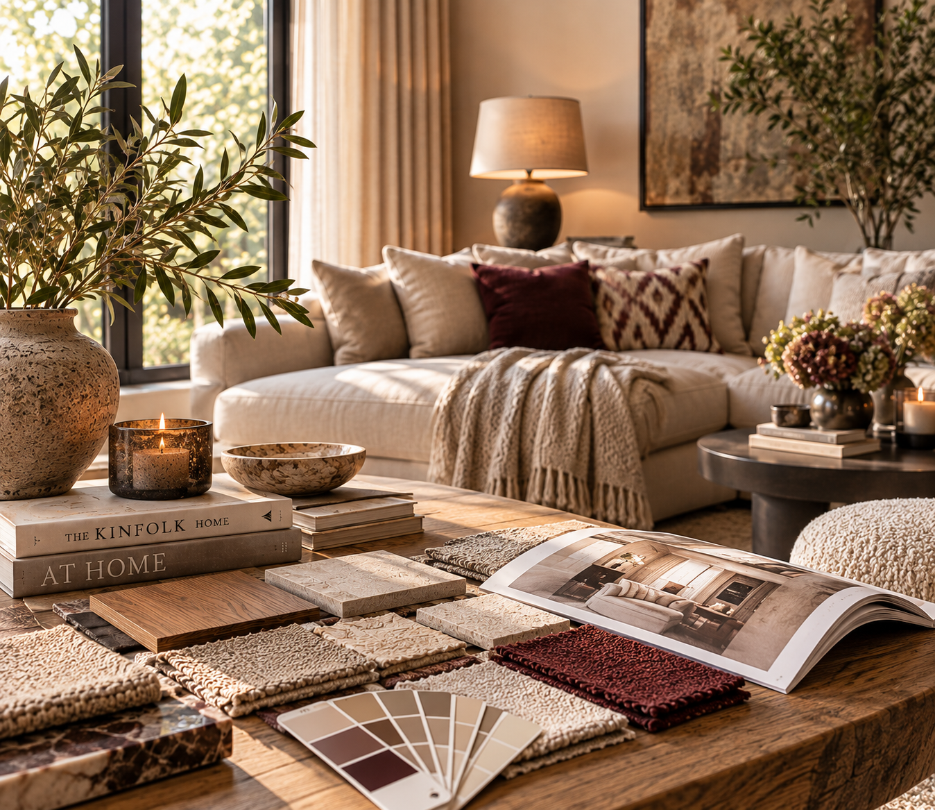 Sfeervolle woonkamer in warme natuurlijke tinten met materialen, kleurstalen en interieuraccessoires voor persoonlijk interieuradvies.