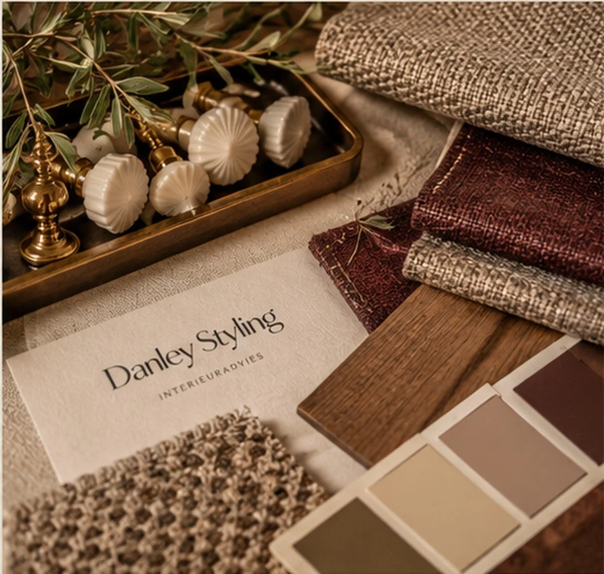 Materialen, stoffen en kleurstalen voor interieuradvies van Danley Styling in warme natuurlijke tinten.