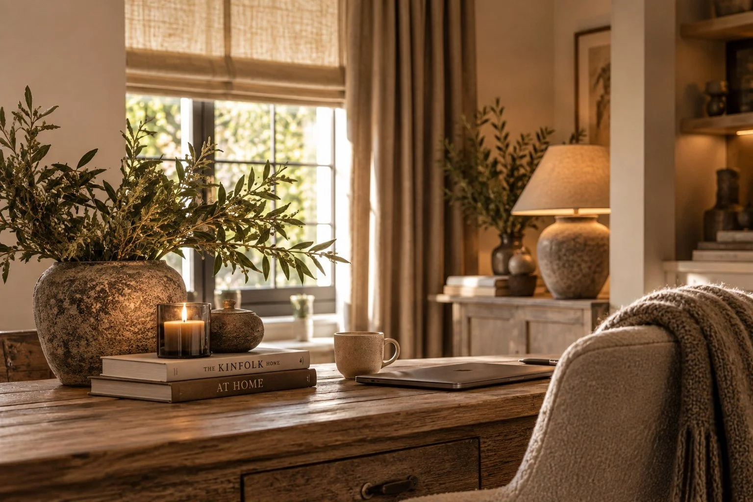 Sfeervolle werkplek met houten tafel, laptop, warme raamdecoratie en natuurlijke interieuraccessoires.