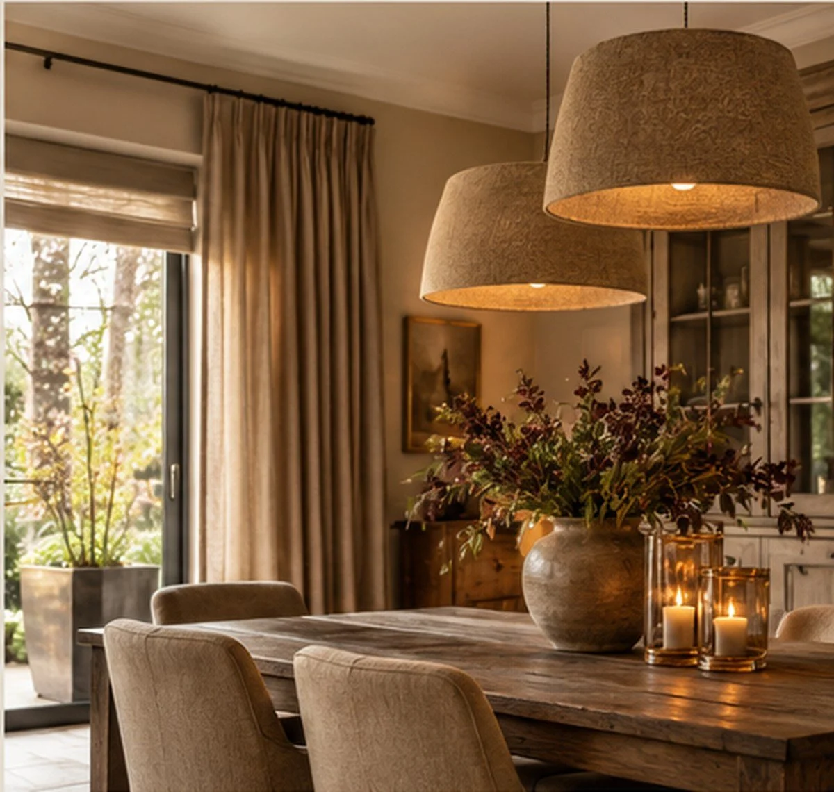 Sfeervolle eetkamer met houten tafel, comfortabele stoelen, warme verlichting en natuurlijke raamdecoratie.