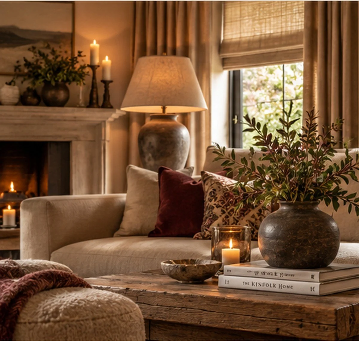 Warme sfeervolle woonkamer met beige bank, sierkussens, natuurlijke materialen en stijlvolle verlichting.