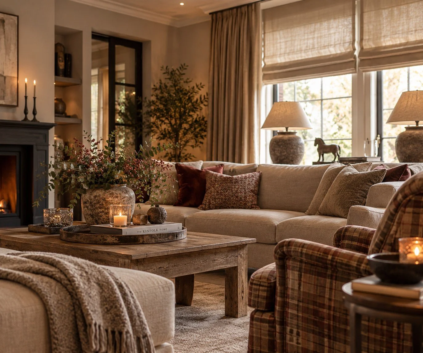 Warme woonkamer met beige bank, houten salontafel, sfeervolle raamdecoratie en bordeauxrode accenten.
