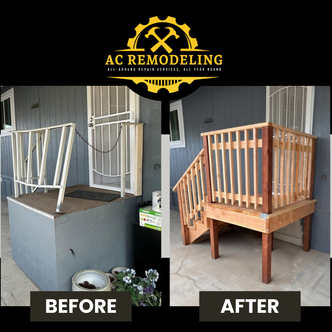 Side-by-side comparison of a porch with a small, unfinished wooden stairs structure before and after renovation. The left image shows the old, incomplete stairs with a chain and white railing, while the right image shows the new, finished wooden stairs with a railing, set against a blue wall.