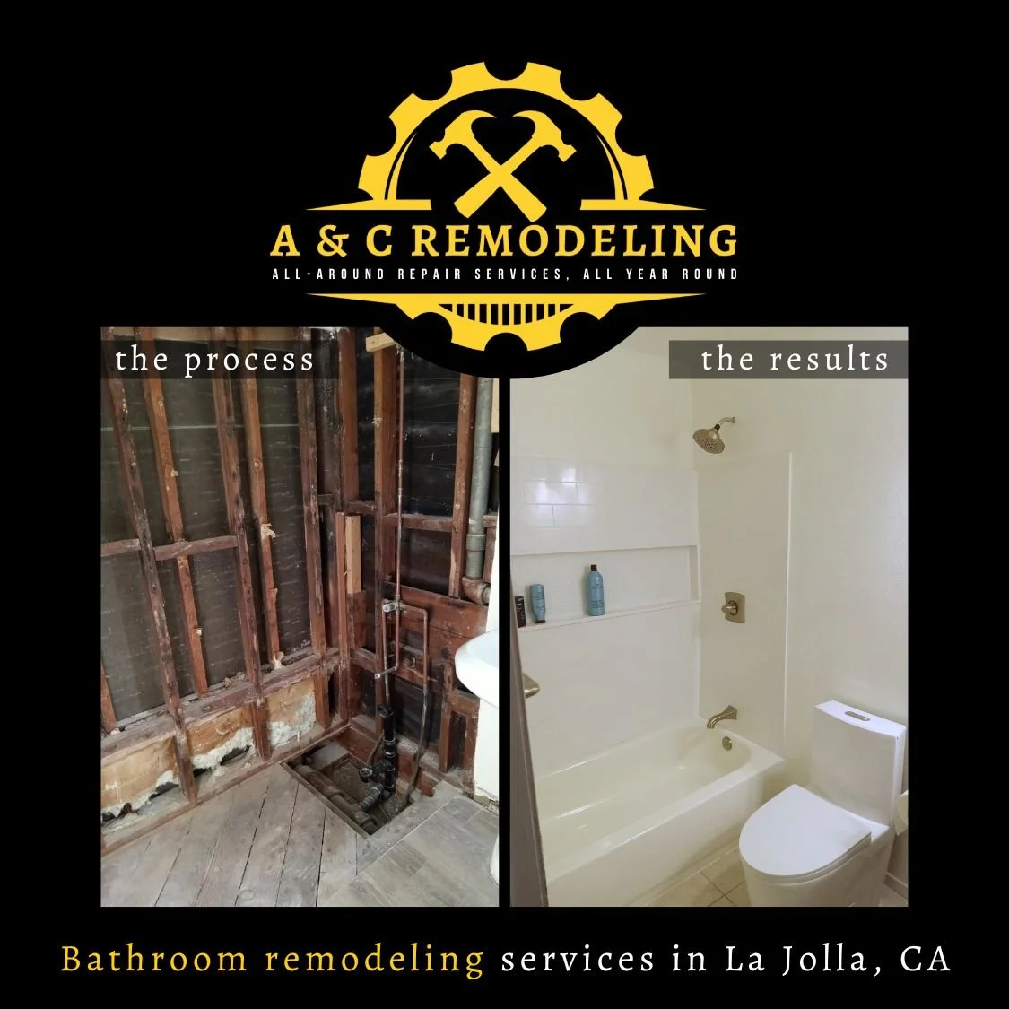 Side-by-side comparison of a bathroom before and after remodeling in La Jolla, CA, with the left showing an unfinished, gutted bathroom and the right showing a finished, modern bathroom with a shower, vanity, and toilet.