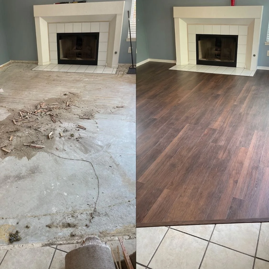Comparison of a fireplace renovation showing a before and after view. The left side depicts an unfinished fireplace area with exposed concrete and debris, while the right side displays the same area fully finished with dark wood flooring and a clean,