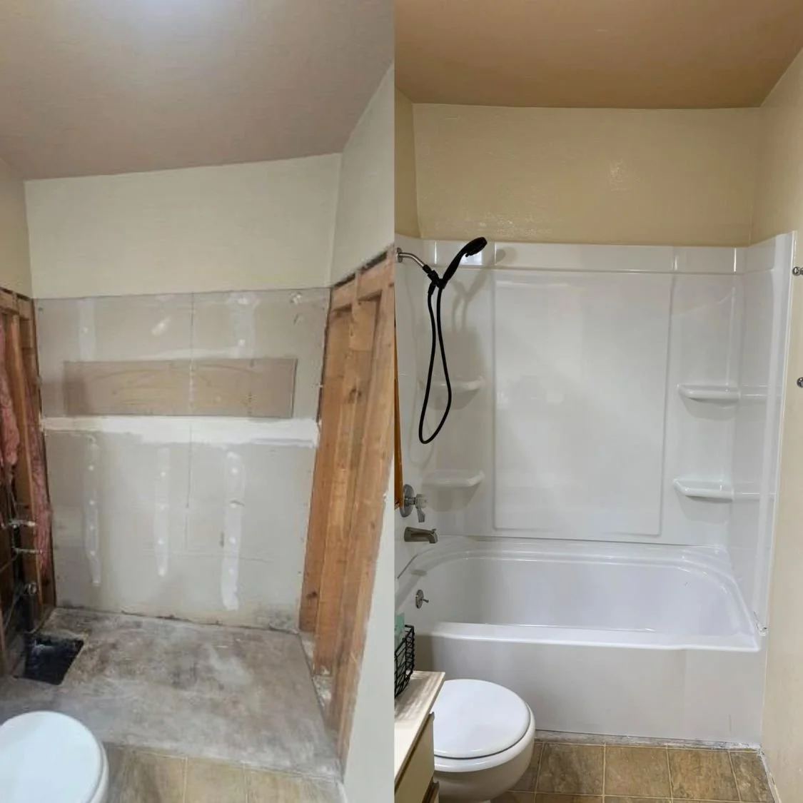 Side-by-side comparison of a bathroom renovation: the left side shows an unfinished shower area with exposed drywall, plywood framing, and a concrete floor, while the right side shows a finished bathroom with a white bathtub, wall tiles, a showerhead