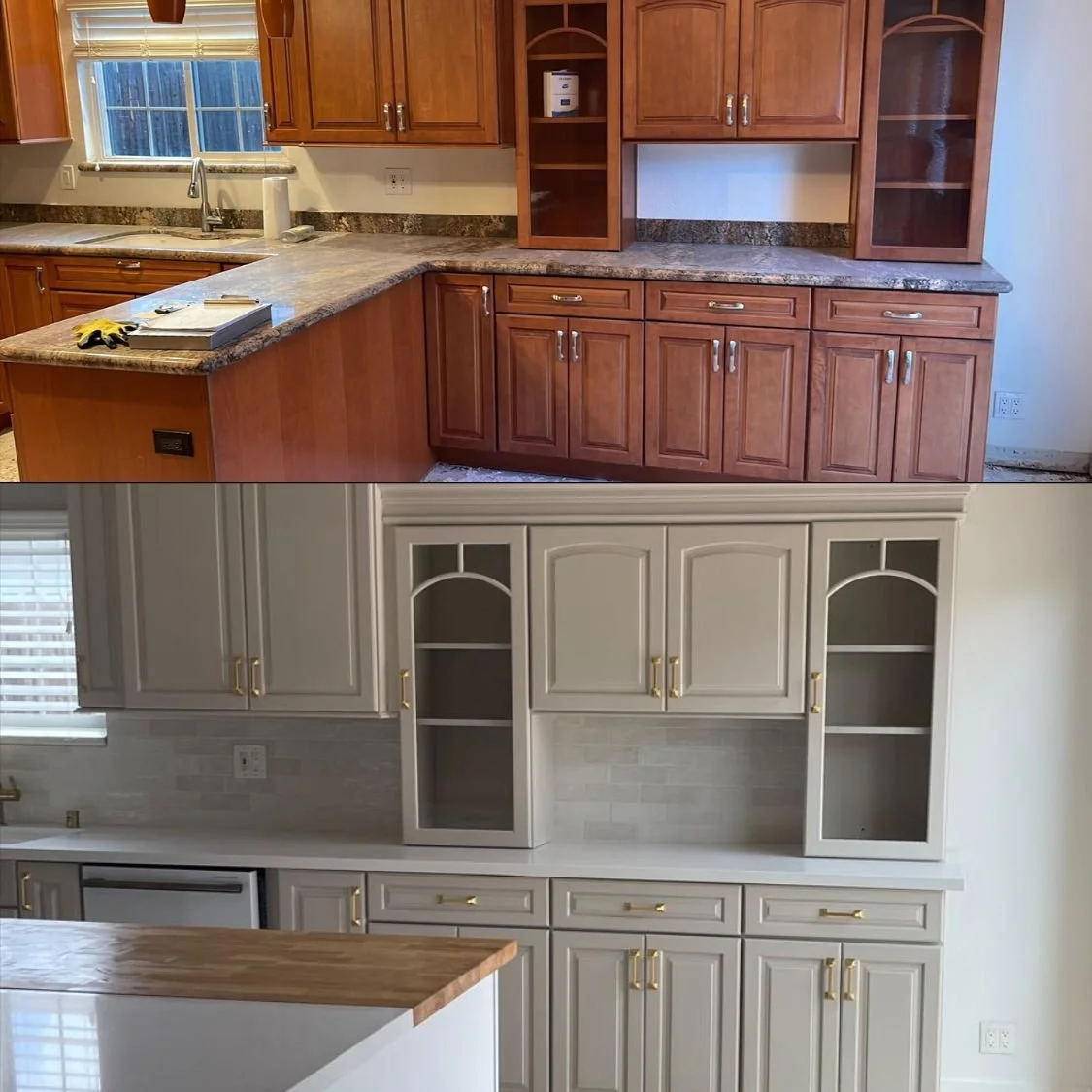 Comparison of a kitchen before and after renovation, showing new white cabinetry with glass doors and gold handles in the after photo, replacing the older wooden cabinets from the before photo.