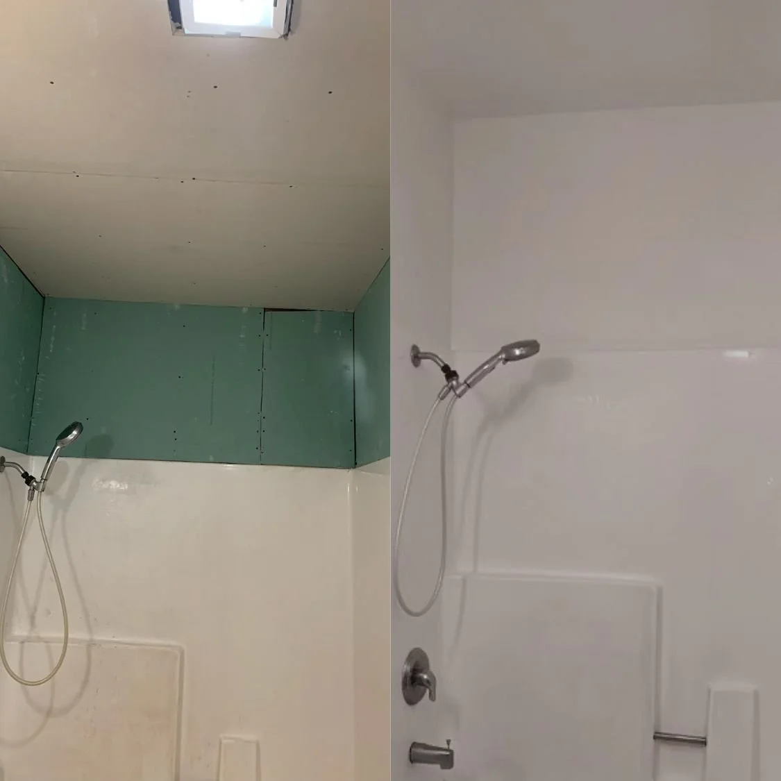 Comparison of a shower before and after renovation, showing an unfinished shower with green walls and drywall ceiling on the left, and a finished white shower with a new showerhead on the right.