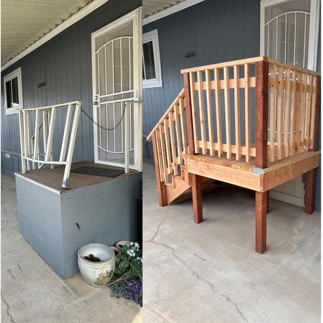 Comparison of two front porch staircases, one painted white and small, the other newly built with natural wood, on concrete porches in front of a blue house with windows.
