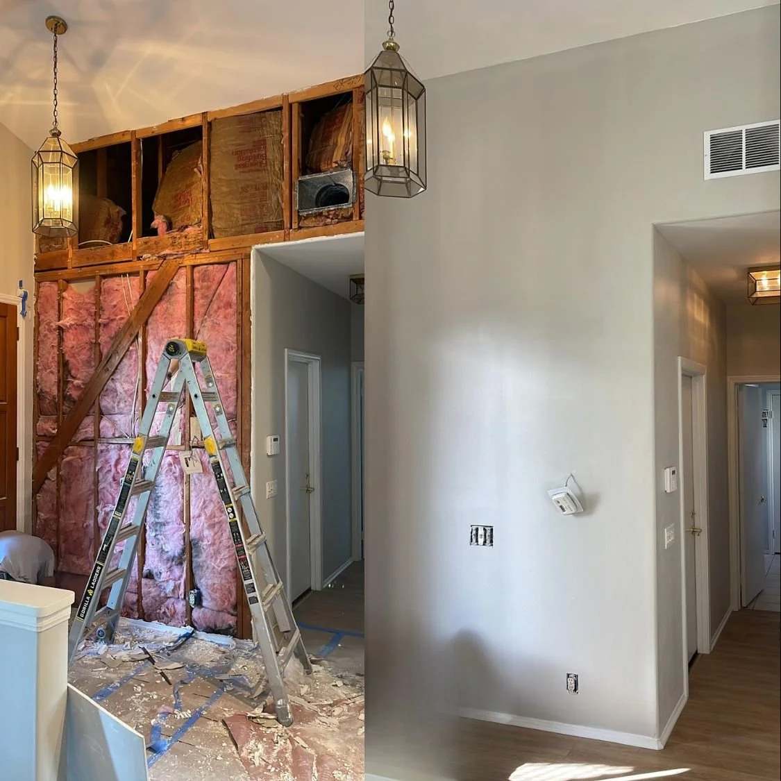Side-by-side comparison of a room under renovation with exposed wall insulation, drywall removal, a ladder, and construction debris on the left; and a finished, painted wall and hallway with ceiling lights on the right.