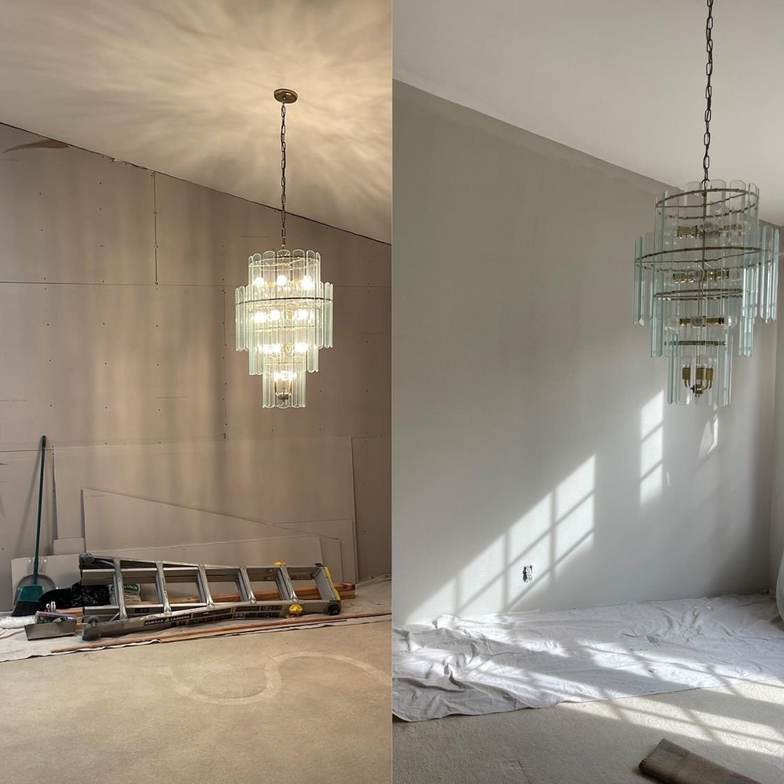 Side-by-side comparison of a chandelier in an unfinished room with construction tools on the floor, and the same chandelier in a finished room with natural light and a white wall.