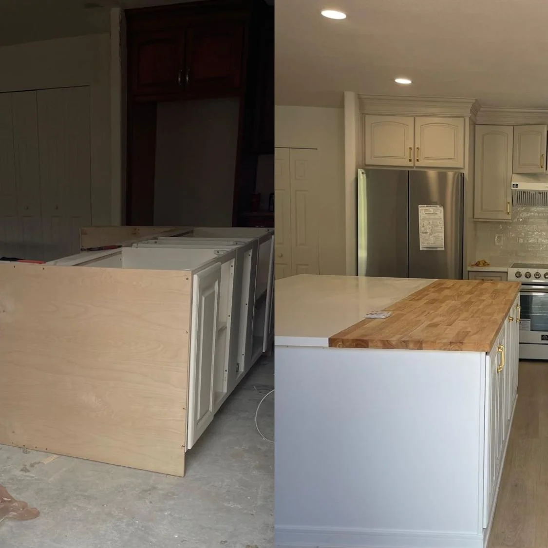 Progress photo of a kitchen renovation showing a before and after view. The left side shows an unfinished kitchen with light-colored cabinetry under construction, while the right side displays a finished kitchen with painted cabinets and a wooden cou
