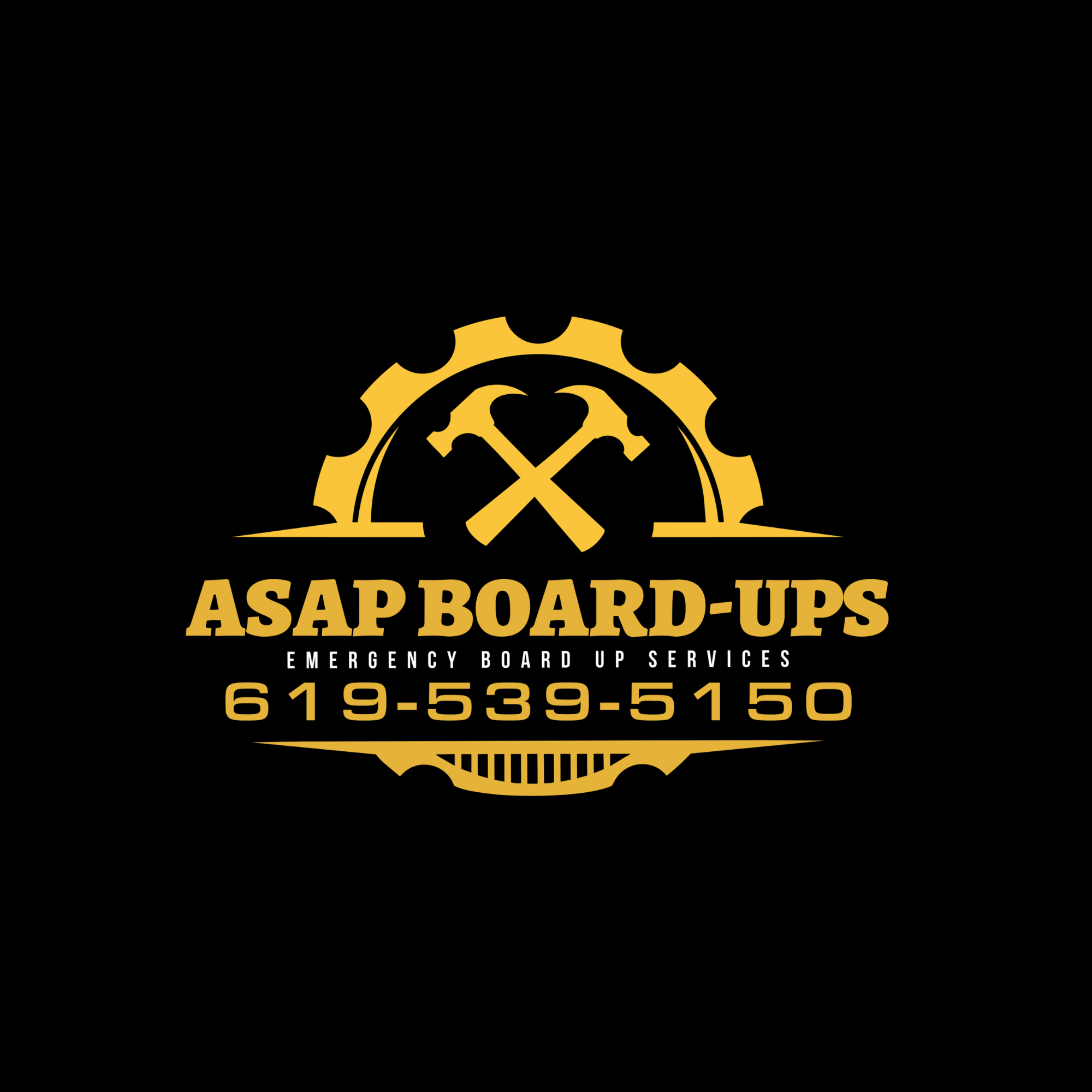 Logo of ASAP Board-Ups with a yellow gear and black background, including contact phone number and text for emergency board-up services.