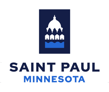 Logo for Saint Paul, Minnesota featuring a white dome and blue waves.