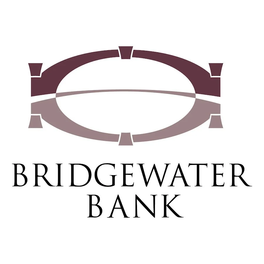 Logo of Bridgewater Bank featuring a stylized, circular bridge design above the bank's name in bold black letters.