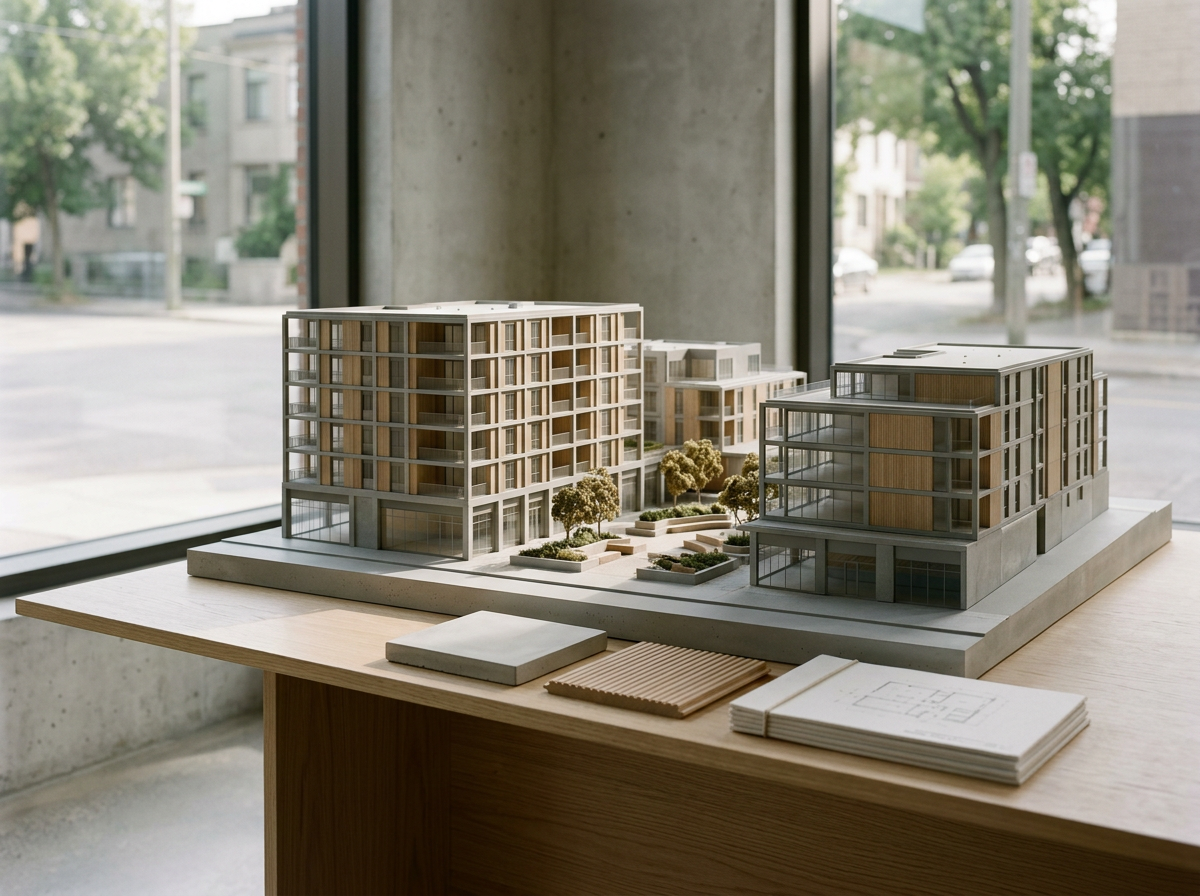 Architectural model of modern apartment buildings with landscaped courtyard, placed on a wooden table near large window.