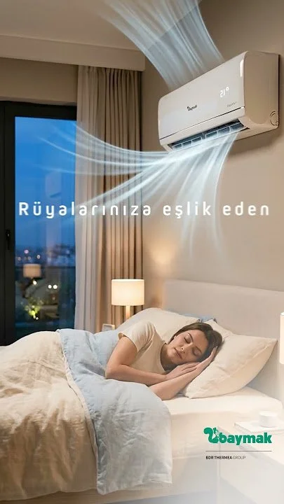 Yatakta uyuyan kadın ve duvarda klima ünitesi. Klima cihazından soğuk hava akışı geliyor. Arka planda gece manzarası ve pencereden görülen şehir ışıkları.