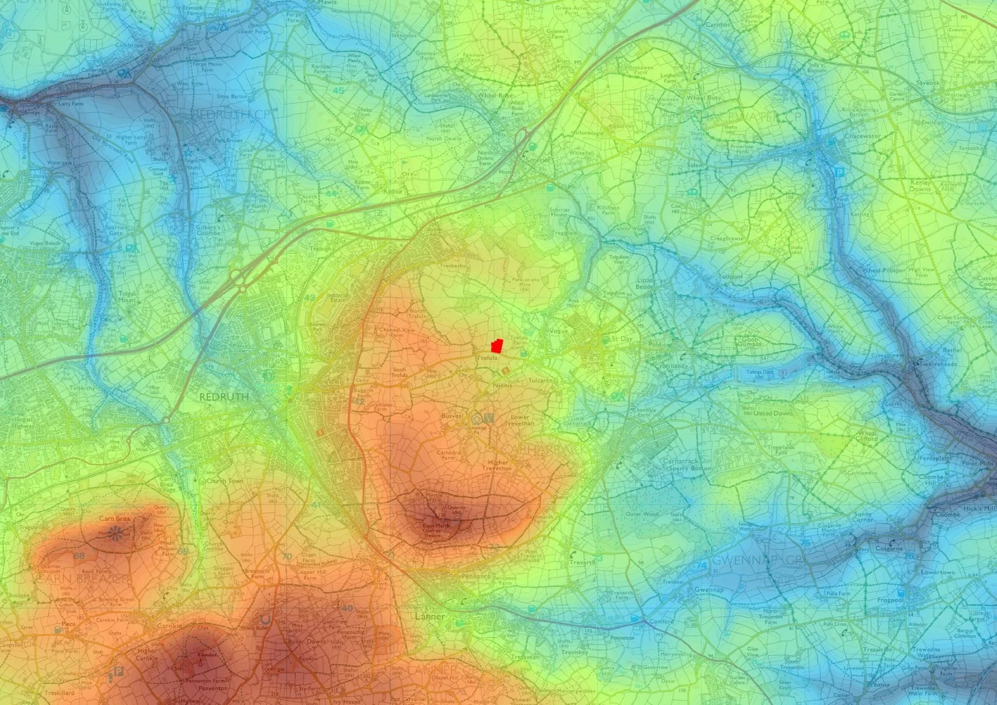 Color-coded topographic map of Cornwall, England, centered on Redruth and surrounding towns, with a red highlighted location near Trefula.