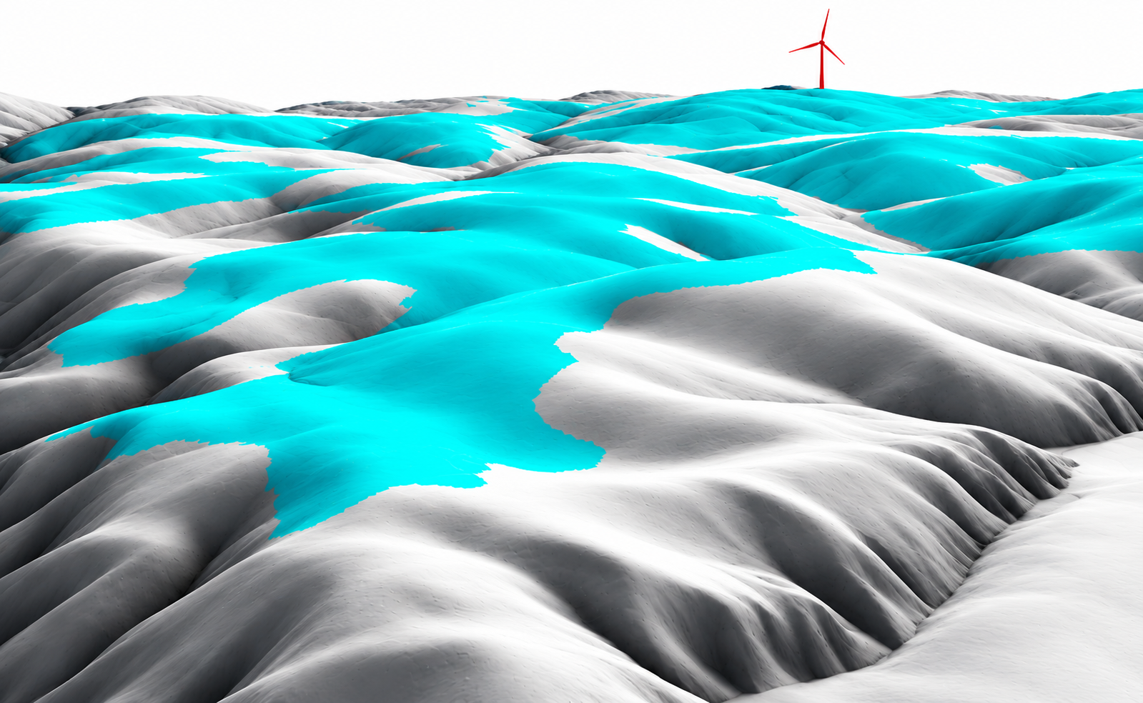 Stylized aerial view of turquoise and white rolling terrain with a red wind turbine on the horizon