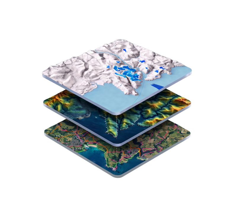 Three-dimensional stack of map layers showing snowy terrain, topographic elevation, and roads over a coastal landscape