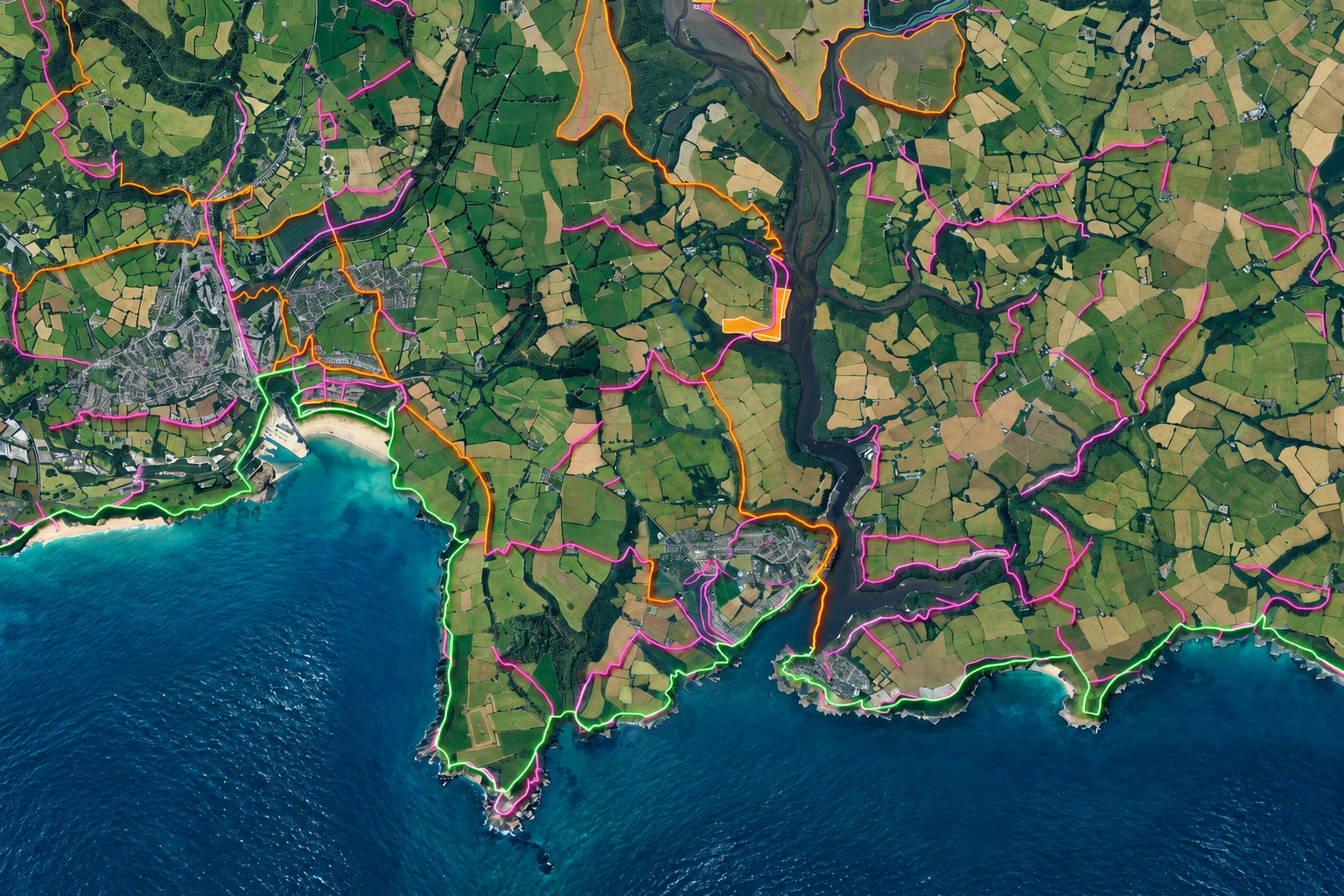 Aerial map of coastal farmland and towns with bright pink, orange, and green route boundaries overlaid.