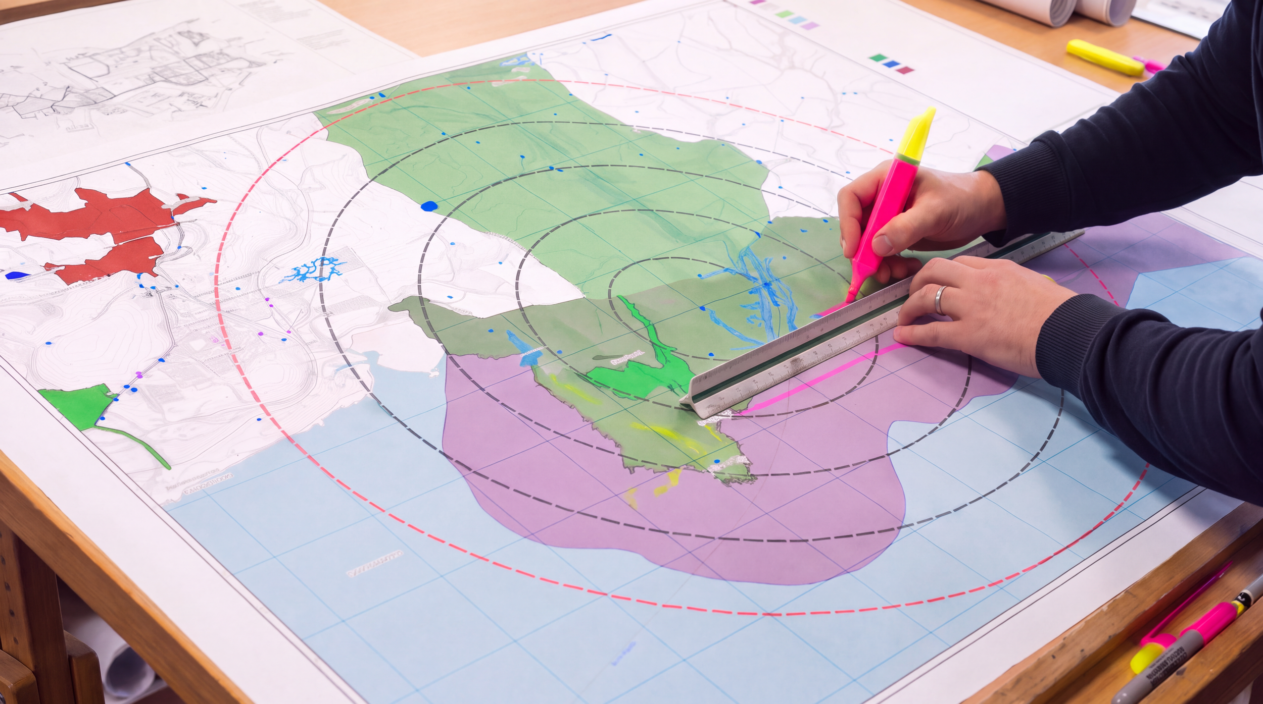 Person using a ruler and highlighters to mark a colorful topographic map with zoning boundaries.