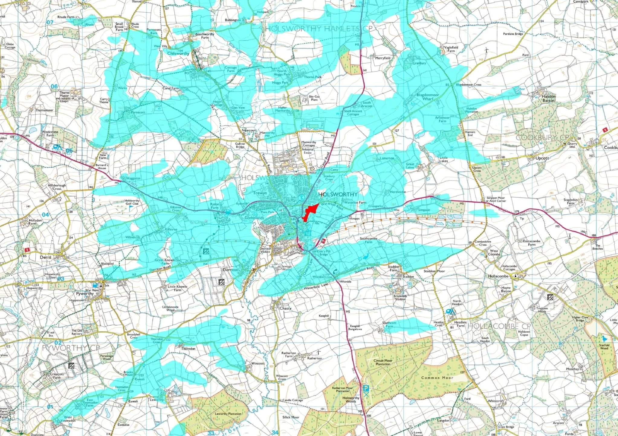 Topographic map of Holsworthy, Devon, showing surrounding villages, roads, farmland, and turquoise shaded areas with a red highlighted location near Holsworthy.