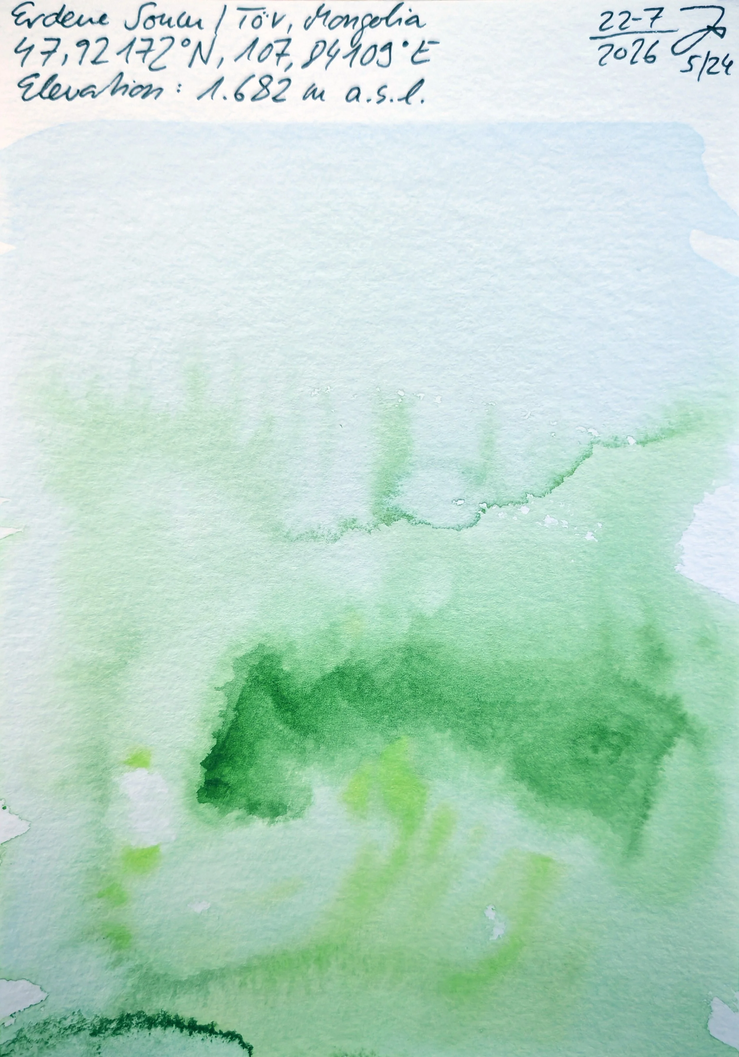 A handwritten note on a piece of paper with a watercolor background in shades of green and blue. The note contains geographical coordinates, elevation, and a date, along with some additional handwritten information I cannot discern clearly.